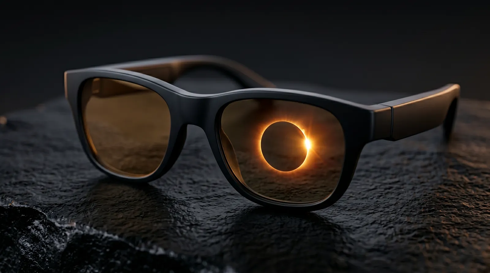 Premium black IVA smart glasses with amber eclipse reflection on the lens