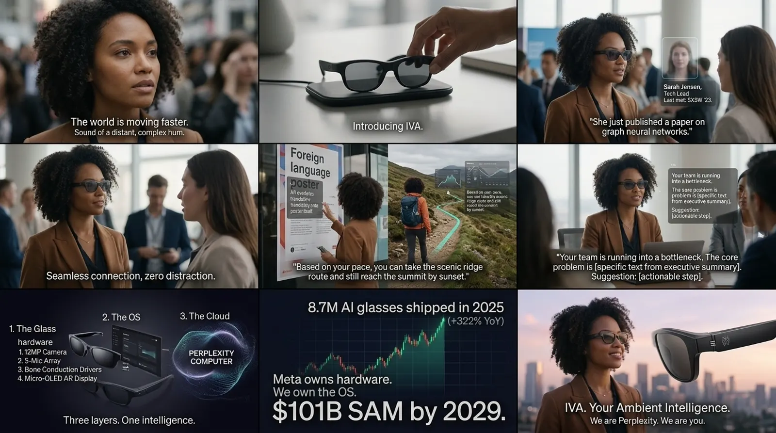 Storyboard showing IVA smart glasses, ambient intelligence, AR overlays, and market positioning
